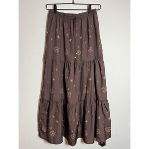 Hippie Boho Maxi Skirt Small Celestial Sun Star Brown Tiered Whimsigoth Cottage